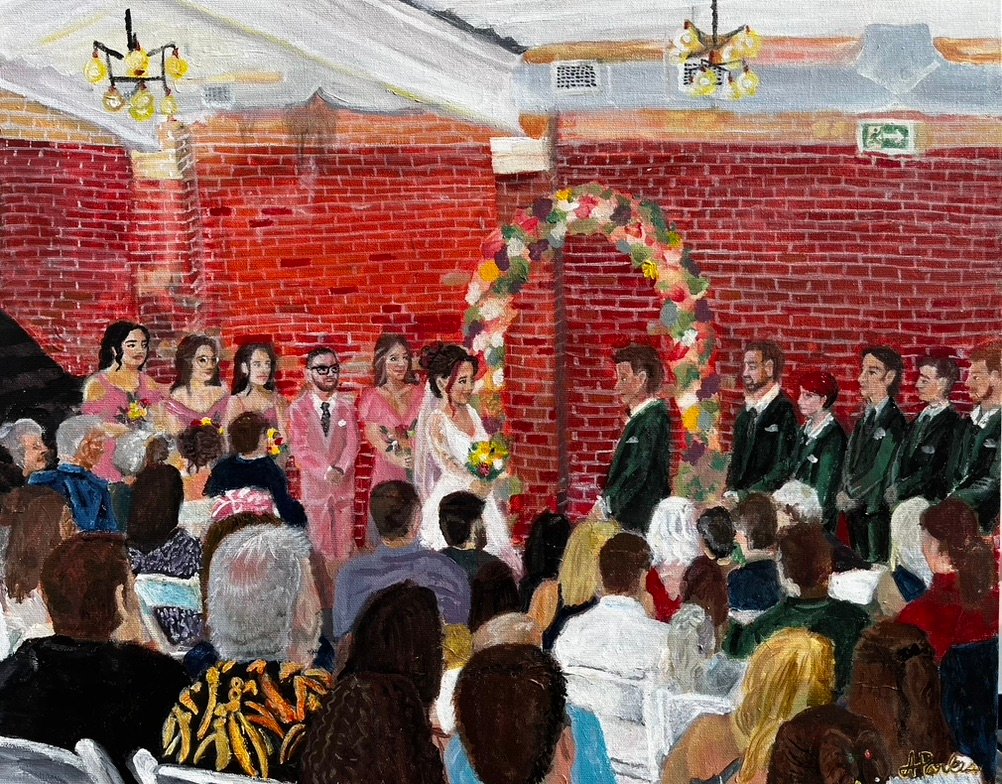 Wedding Painting hosted at the broaview hotel, the crowd spans across the foreground whole the wedding happens at the centre. vibrent red bricks and chandeliers hung from a white cieling making up the background