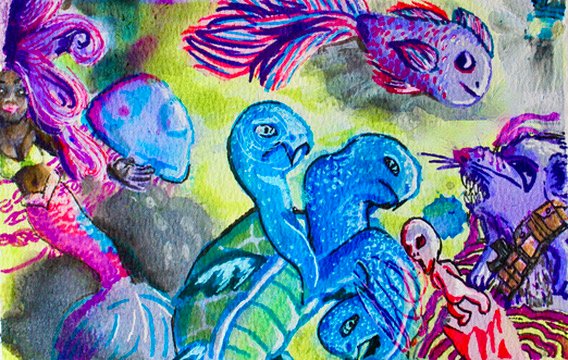 Vibrant water colour under toxic lime green water a three headed turtle, and a rat wearing ammo straps face off. while a purple and pink mermaid swims away. A puple fish and blue jellyfish swim in the background.