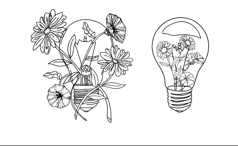 lighbulbs dawn in thin line with flowers groing inside and outside of them.