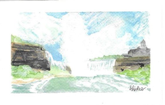 Watercolour of Niagara Falls from the maid of the mist. teal waters, blue skies and the falls obscured by a cloud of mist erupting from the centre.